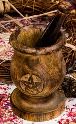 TB Wooden Pentagram Mortar And Pestle Witchcraft